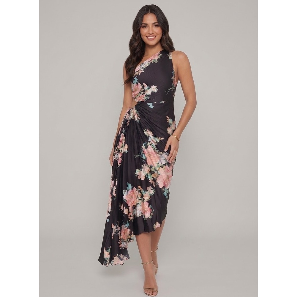 Petal & Pup One Shoulder Floral Pleated Dress Side Cutout Asymmetrical L